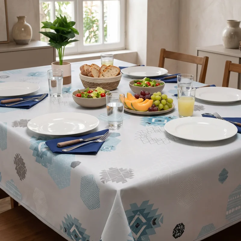 Toile cirée molletonné Free Time Bleu – motif géométrique bleu et gris, OEKO-TEX®, largeur 140 cm