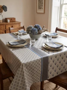 Toile cirée molletonné Talin Gris – motif Art Déco éventails et losanges en camaïeu de gris et bleu, OEKO-TEX®, largeur 140 cm