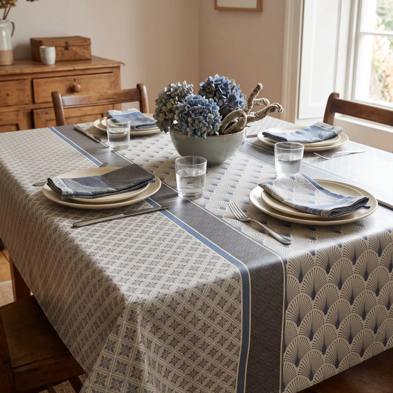 Toile cirée molletonné Talin Gris – motif Art Déco éventails et losanges en camaïeu de gris et bleu, OEKO-TEX®, largeur 140 cm