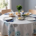 Toile cirée molletonné Free Time Bleu – motif géométrique bleu et gris, OEKO-TEX®, largeur 140 cm