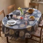 Toile cirée molletonné Feuillu Or – feuillages dorés et beiges sur fond gris foncé, OEKO-TEX®, largeur 140 cm