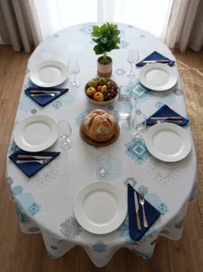 Toile cirée molletonné Free Time Bleu – motif géométrique bleu et gris, OEKO-TEX®, largeur 140 cm