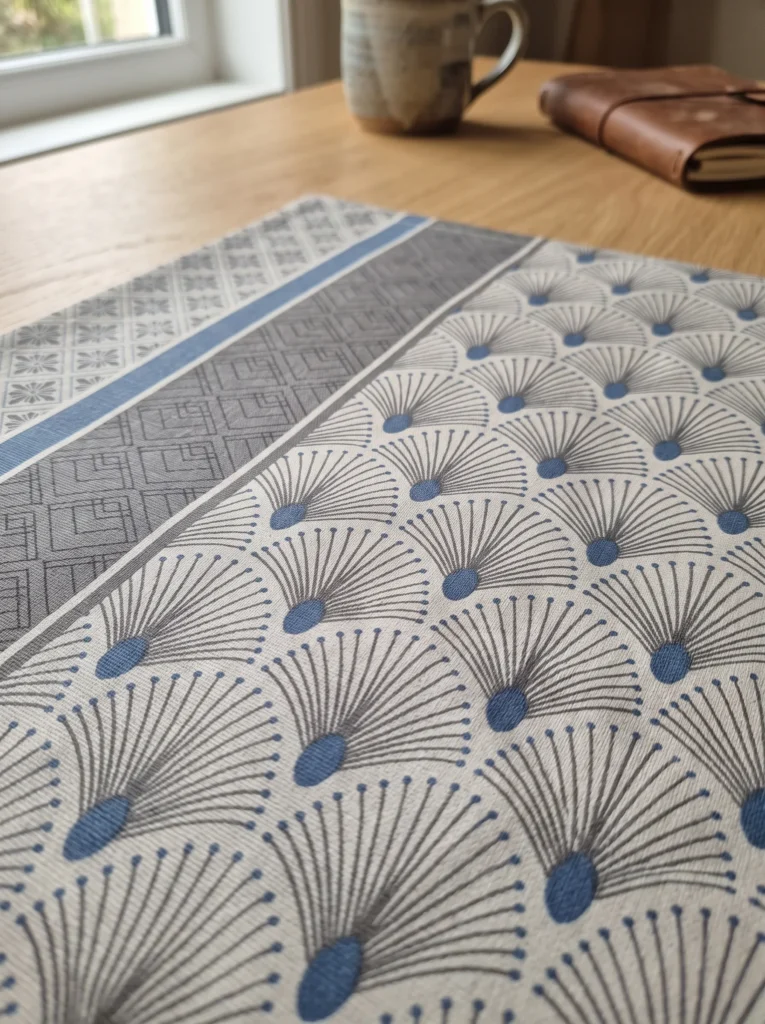 Toile cirée molletonné Talin Gris – motif Art Déco éventails et losanges en camaïeu de gris et bleu, OEKO-TEX®, largeur 140 cm