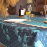 Nappe polyester sur mesure art déco Lustre bleu – motif géométrique bleu canard et turquoise