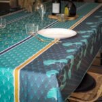 Nappe polyester sur mesure art déco Lustre bleu – motif géométrique bleu canard et turquoise