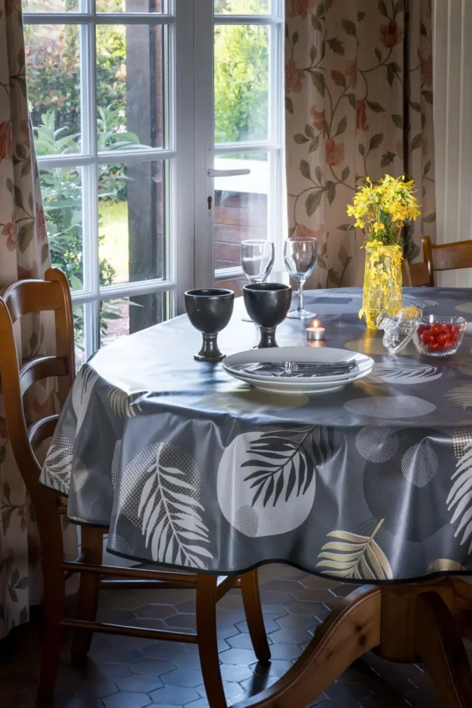 Toile cirée Nasseau Or 160 cm – motif cercles graphiques et feuilles tropicales stylisées en doré mat gris anthracite et blanc cassé, imperméable, vendue au mètre ou sur mesure toutes formes