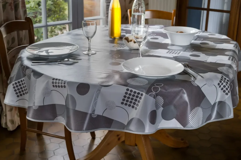 `Toile cirée Zoé Gris 160 cm – motif graphique pois lignes et dégradés en gris clair gris anthracite et blanc cassé, imperméable, vendue au mètre ou sur mesure toutes formes