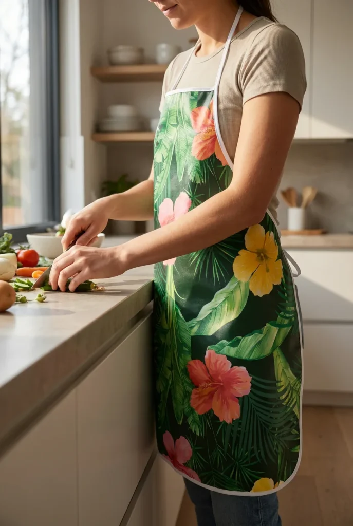 Femme portant un tablier toile cirée tropical hibiscus en cuisine