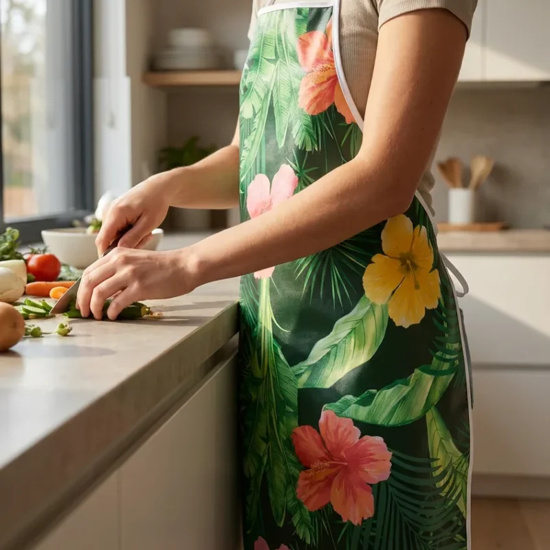 Femme portant un tablier toile cirée tropical hibiscus en cuisine