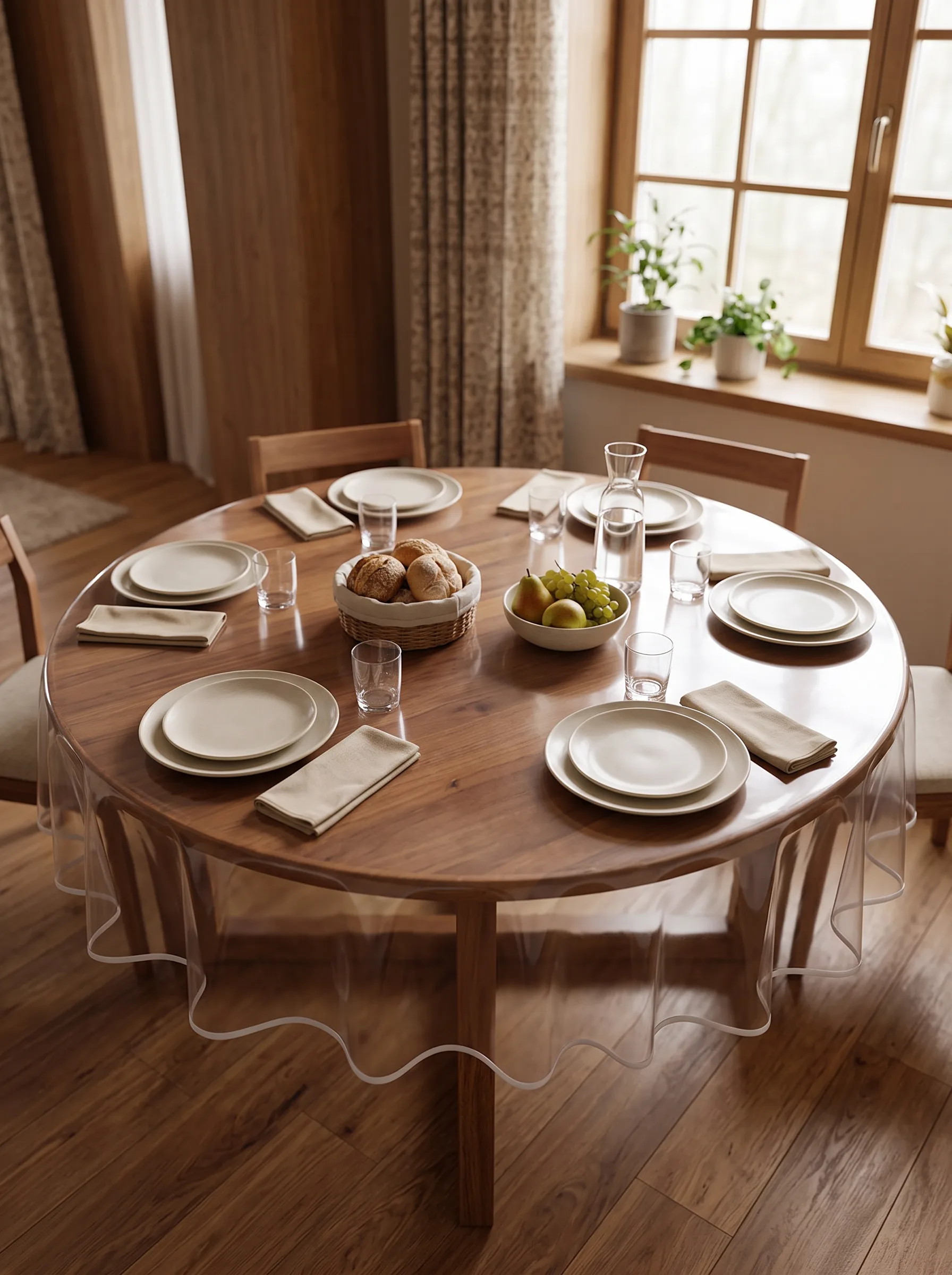 Toile cirée transparente sur table ronde dressée vue du dessus – transparence totale laissant apparaître le bois, table dressée pour six personnes en ambiance salle à manger lumineuse
