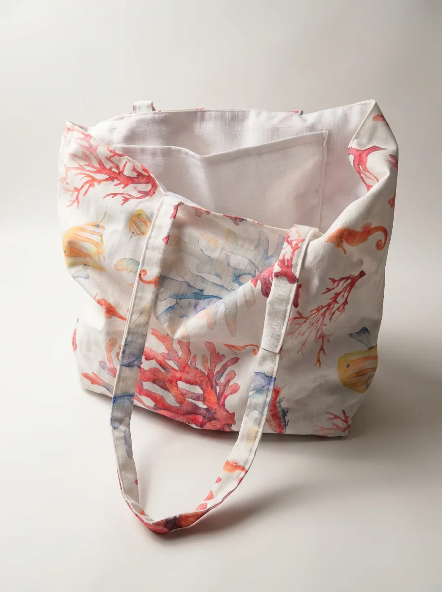 Tote bag artisanal coton enduit Anémone – motif marin coraux et poissons aquarellés, doublure polyester effet lin, anses longues porté épaule