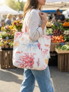 Tote bag artisanal coton enduit Anémone – motif marin coraux et poissons aquarellés, doublure polyester effet lin, anses longues porté épaule