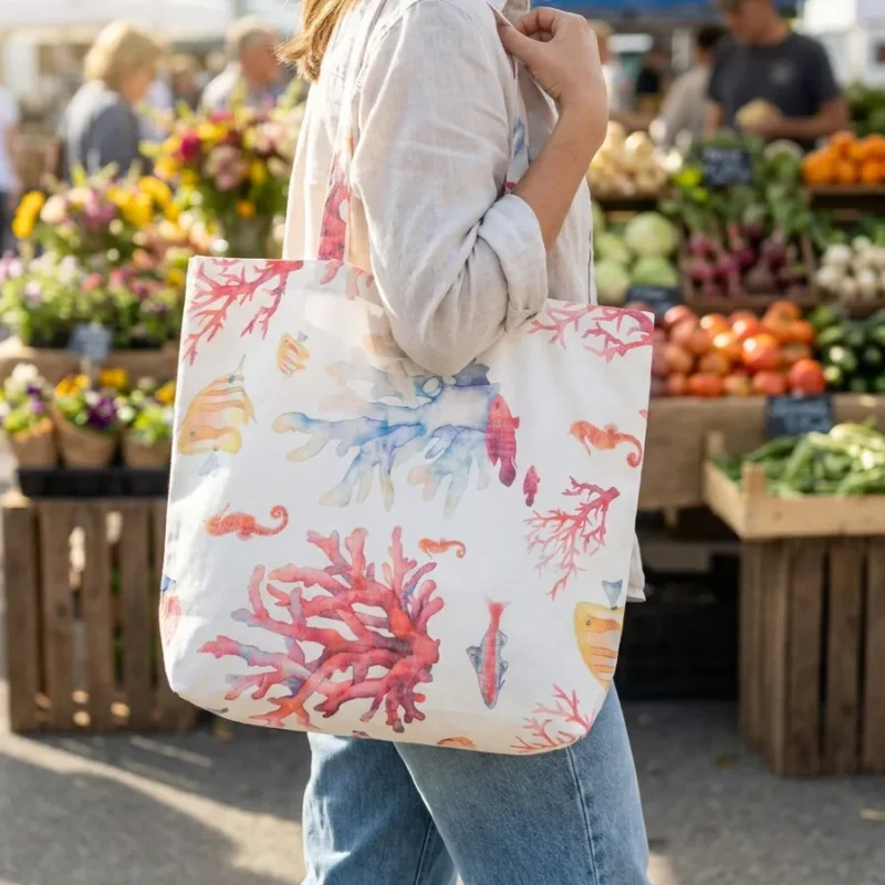 Tote bag artisanal coton enduit Anémone – motif marin coraux et poissons aquarellés, doublure polyester effet lin, anses longues porté épaule