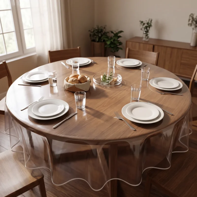 Toile cirée transparente ronde sur table ronde en noyer dressée pour six personnes vue de trois quarts – protection invisible laissant apparaître le bois chaud, biais blanc ondulé visible sur le pourtour, salle à manger scandinave lumineuse