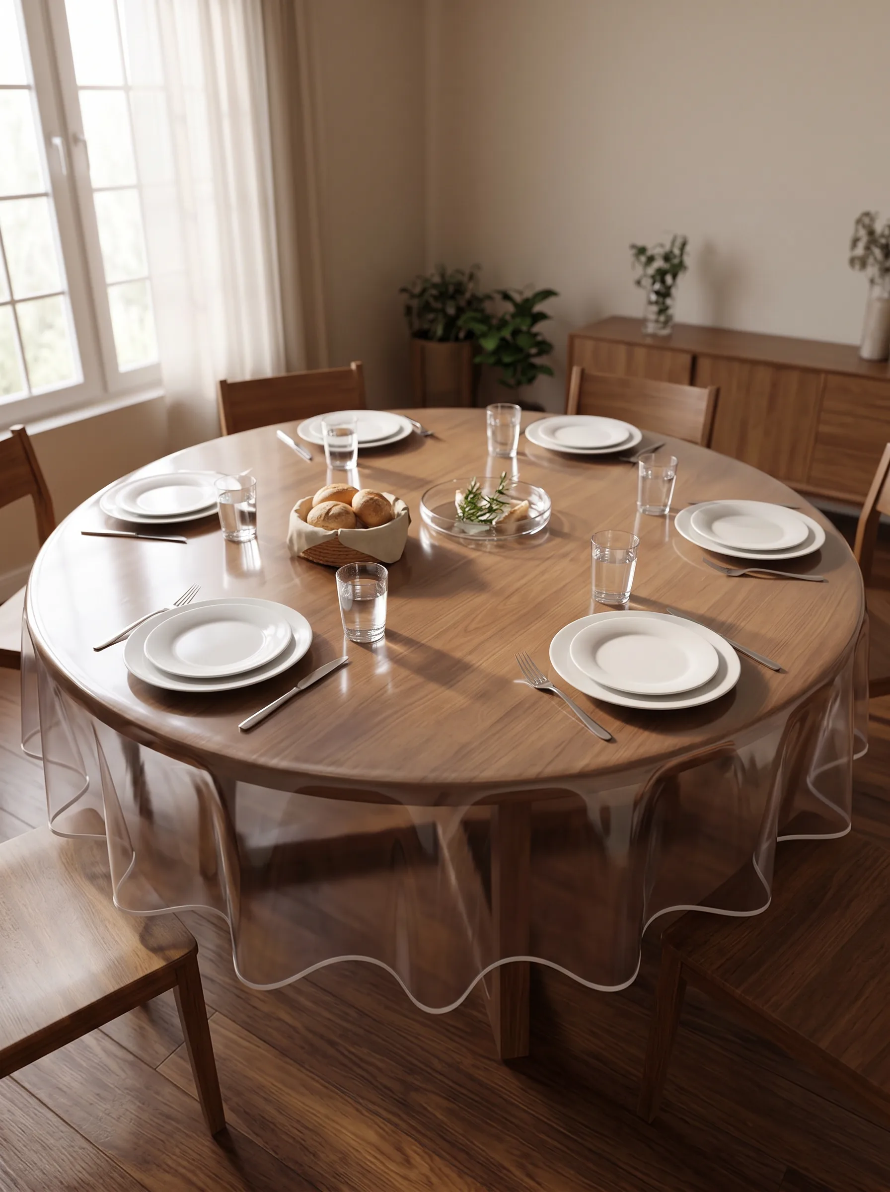 Toile cirée transparente ronde sur table ronde en noyer dressée pour six personnes vue de trois quarts – protection invisible laissant apparaître le bois chaud, biais blanc ondulé visible sur le pourtour, salle à manger scandinave lumineuse