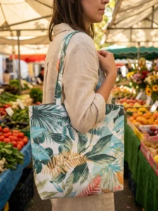 Tote bag artisanal coton enduit Bora Bora – motif feuillage tropical vert turquoise et orange, doublure polyester effet lin, anses longues porté épaule