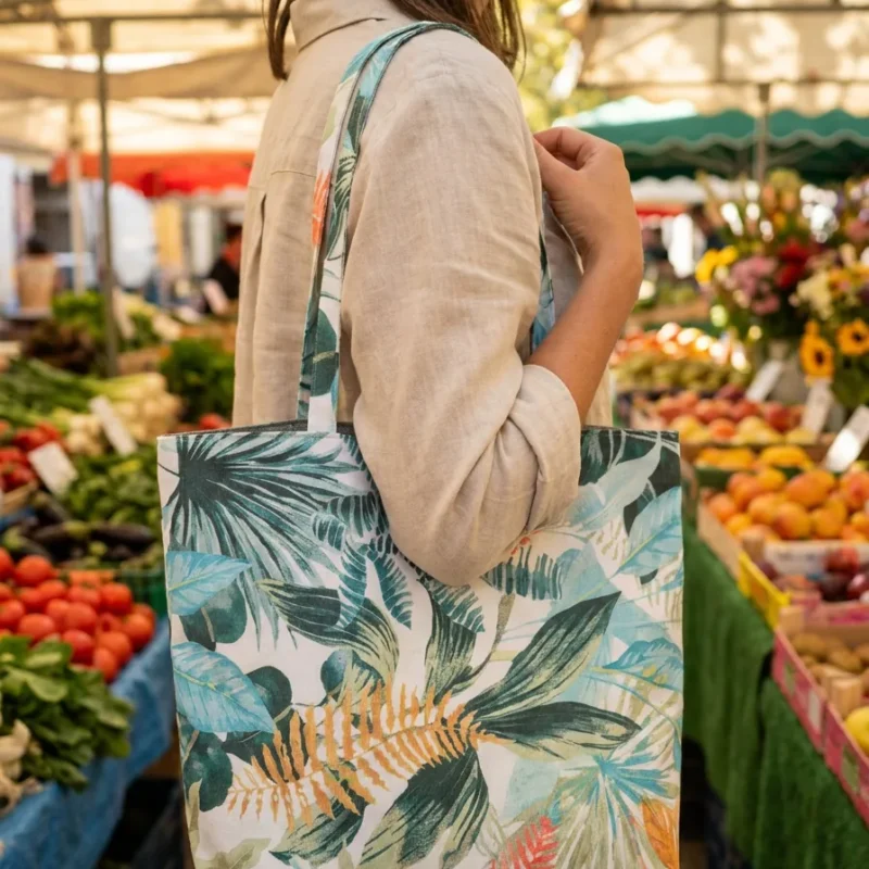 Tote bag artisanal coton enduit Bora Bora – motif feuillage tropical vert turquoise et orange, doublure polyester effet lin, anses longues porté épaule