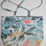Tote bag artisanal coton enduit Bora Bora – motif feuillage tropical vert turquoise et orange, doublure polyester effet lin, anses longues porté épaule