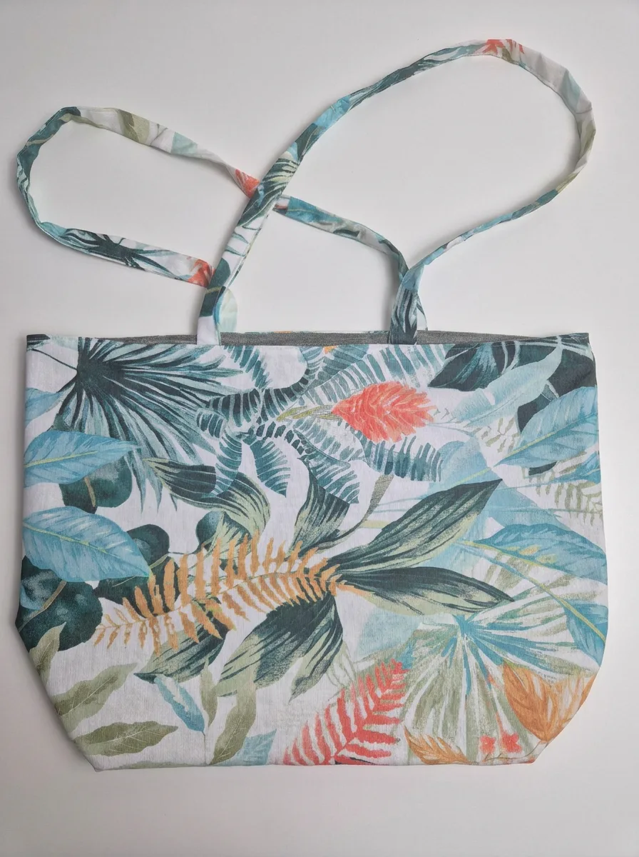 Tote bag artisanal coton enduit Bora Bora – motif feuillage tropical vert turquoise et orange, doublure polyester effet lin, anses longues porté épaule