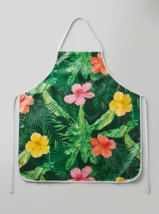 Tablier adulte toile cirée motif tropical hibiscus multicolore fond vert