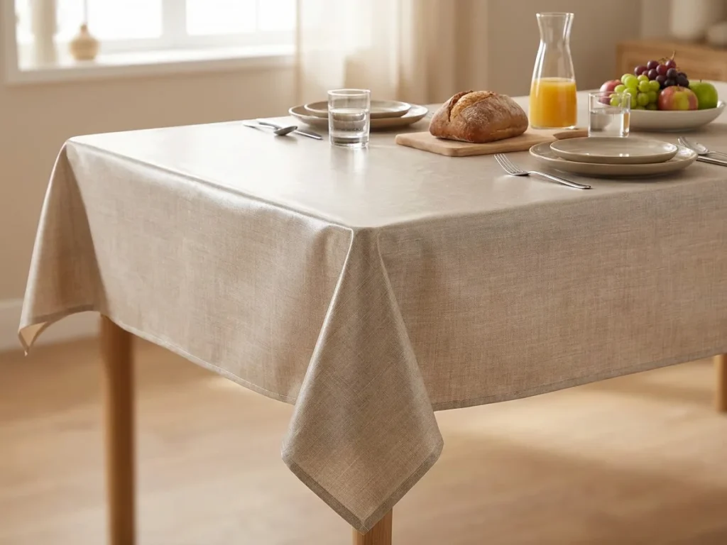 Toile cirée Uni Beige 180 cm – surface texturée façon lin, tons beige et dorés, imperméable, vendue au mètre ou sur mesure toutes formes