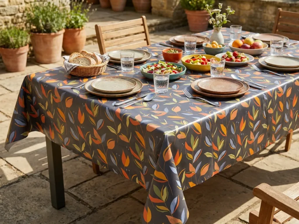 Toile cirée déco Alice 140 cm – feuillage stylisé en orange brûlé, jaune ocre et vert sauge sur fond anthracite profond, vendue au mètre ou sur mesure