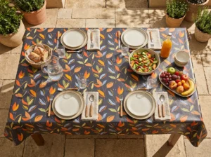 Toile cirée déco Alice 140 cm – feuillage stylisé en orange brûlé, jaune ocre et vert sauge sur fond anthracite profond, vendue au mètre ou sur mesure
