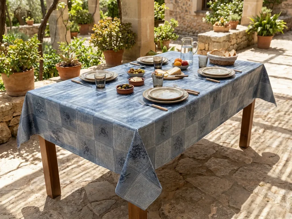 Toile cirée coton molletonné Bleu Fleur 140 cm – bouquets floraux en bleu ardoise sur fond bleu gris chiné