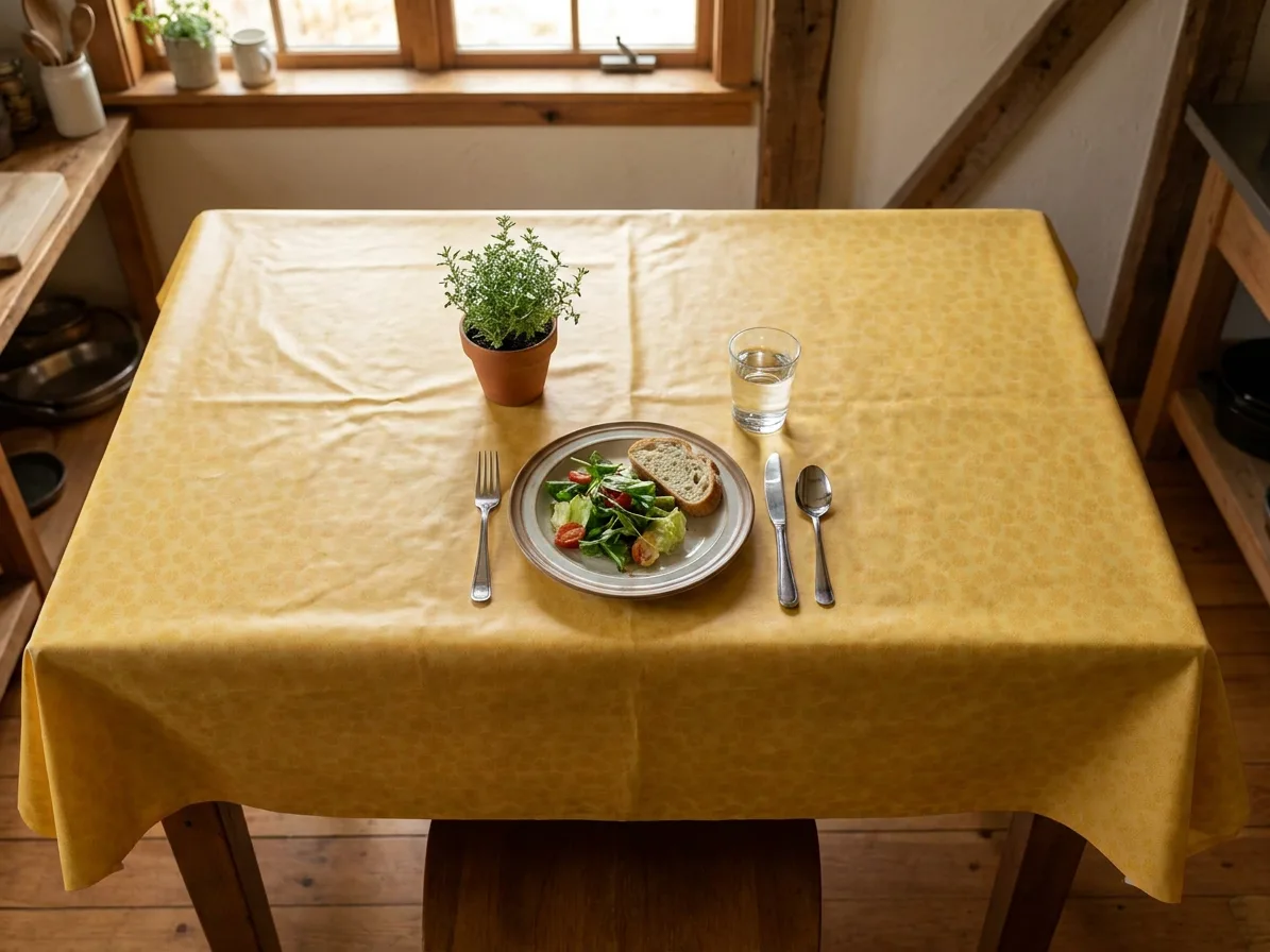 Single-place dining setup on a yellow tablecloth: plate of salad with bread, cutlery, and a glass of water; potted plant centerpiece in a rustic kitchen.