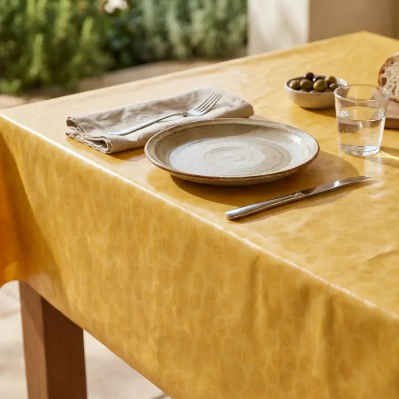 Outdoor dining table with a yellow cloth set with plate, napkin, fork and knife, plus bread, olives and a glass of water.
