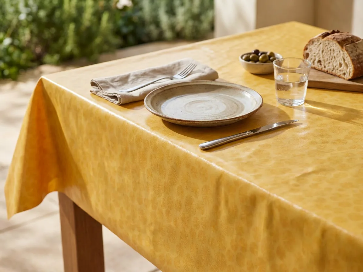 Outdoor dining table with a yellow cloth set with plate, napkin, fork and knife, plus bread, olives and a glass of water.