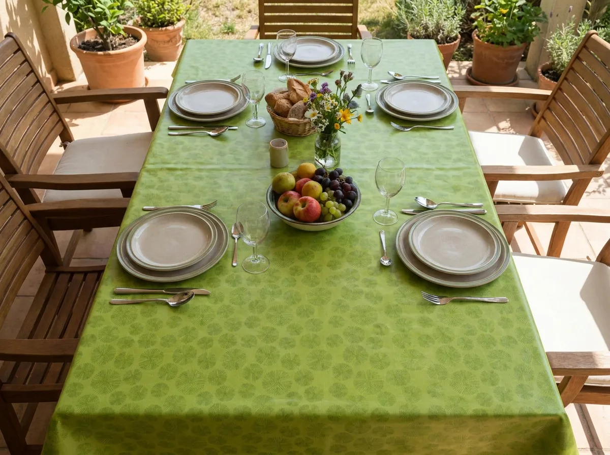 Outdoor wooden dining table set for six with a green patterned tablecloth, plates, cutlery, wine glasses, bread basket, fruit bowl, and a vase of flowers.