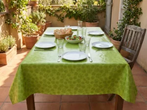 Toile cirée déco Cénacle vert 140 cm – motif rosaces stylisées sur fond vert anis lumineux, vendue au mètre ou sur mesure