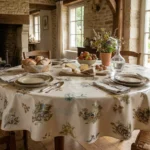 Toile cirée déco Chasseur ronde 160 cm – motif aquarelle chasse avec canards, faisans et fougères sur fond crème chaleureux, finition biais