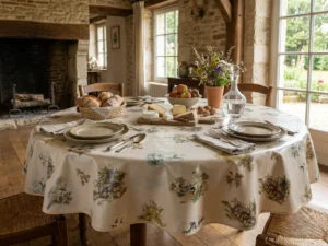 Toile cirée déco Chasseur ronde 160 cm – motif aquarelle chasse avec canards, faisans et fougères sur fond crème chaleureux, finition biais