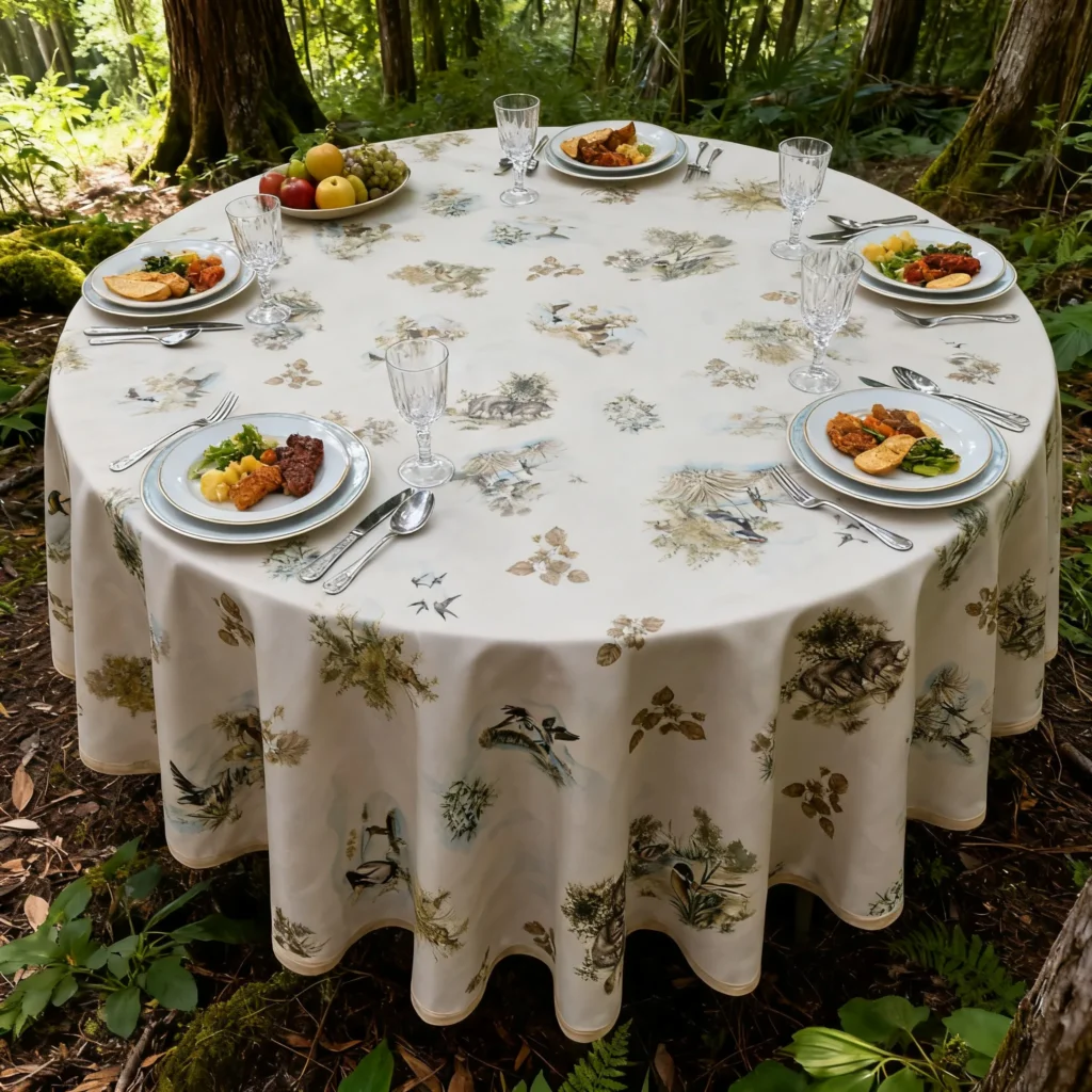 Toile cirée déco Chasseur ronde 160 cm – motif aquarelle chasse avec canards, faisans et fougères sur fond crème chaleureux, finition biais