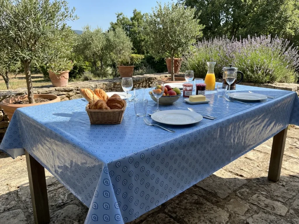 Toile cirée déco Fayence bleu 140 cm – motif médaillon provençal en bleu sur fond écru, vendue au mètre ou sur mesure