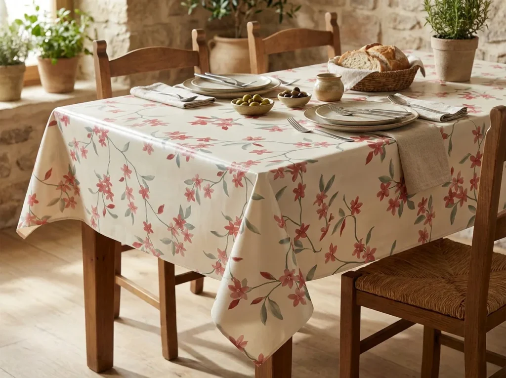 Toile cirée déco Flefleur 140 cm – motif floral aérien en corail et vert sauge sur fond écru, vendue au mètre ou sur mesure
