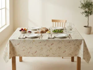 Toile cirée coton molletonné Fleurissante 140 cm – arabesques fleuries rose corail, jaune et vert sauge sur fond ivoire crème