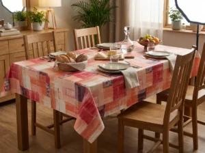 Toile cirée coton molletonné Hélène Rouge 160 cm – aplats aquarellés rouge framboise, orange terracotta et prune sur fond blanc cassé