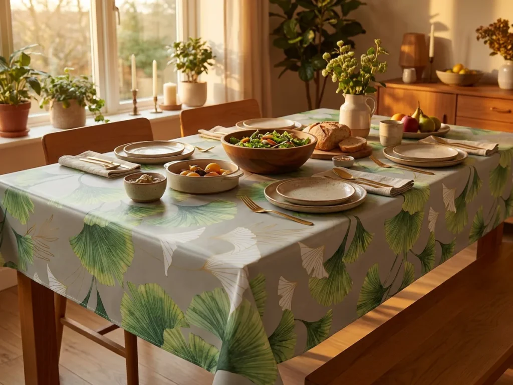 Protège-table GOMGOM Lupin Vert 140 cm – grandes feuilles de ginkgo vert tendre et vert sauge sur fond gris perle