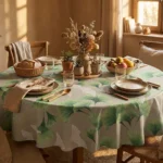 Protège-table GOMGOM Lupin Vert 140 cm – grandes feuilles de ginkgo vert tendre et vert sauge sur fond gris perle