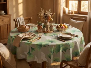 Protège-table GOMGOM Lupin Vert 140 cm – grandes feuilles de ginkgo vert tendre et vert sauge sur fond gris perle