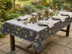 Toile cirée déco Melvil 140 cm – feuillage aquarelle en vert sauge, jaune tendre et pêche sur fond bleu ardoise, vendue au mètre ou sur mesure