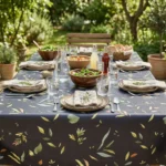 Toile cirée déco Melvil 140 cm – feuillage aquarelle en vert sauge, jaune tendre et pêche sur fond bleu ardoise, vendue au mètre ou sur mesure
