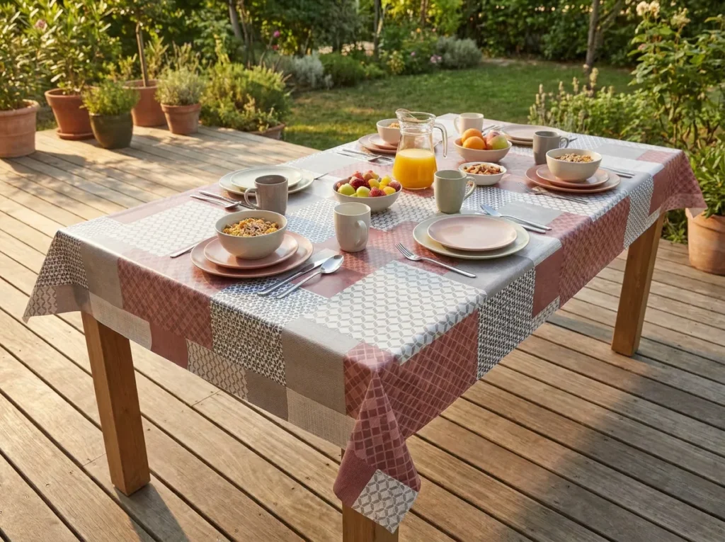 Toile cirée déco Nico 140 cm – patchwork géométrique en vieux rose, gris ardoise et beige lin, vendue au mètre ou sur mesure