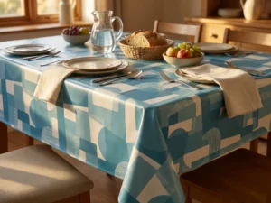 Toile cirée déco Nuance bleu 140 cm – blocs géométriques abstraits en bleu azur vif, bleu ciel doux et blanc cassé, vendue au mètre ou sur mesure