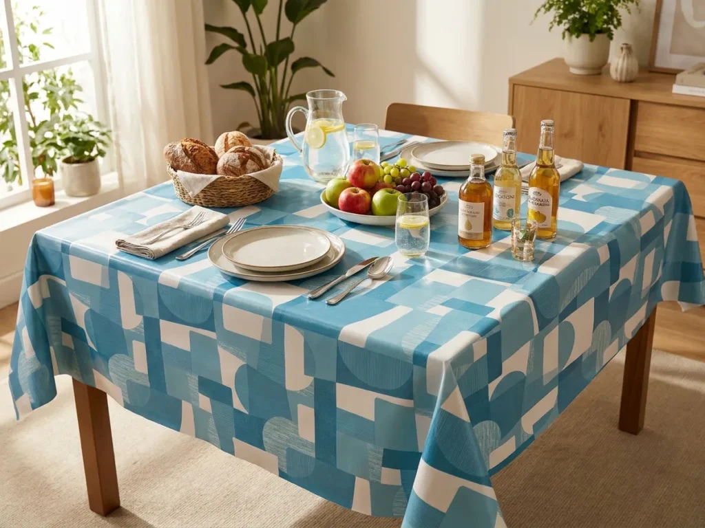 Toile cirée déco Nuance bleu 140 cm – blocs géométriques abstraits en bleu azur vif, bleu ciel doux et blanc cassé, vendue au mètre ou sur mesure