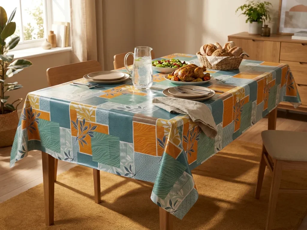 Toile cirée déco Print 140 cm – patchwork botanique en bleu céladon, orange terracotta et jaune soleil, vendue au mètre ou sur mesure