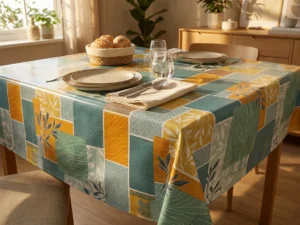 Toile cirée déco Print 140 cm – patchwork botanique en bleu céladon, orange terracotta et jaune soleil, vendue au mètre ou sur mesure